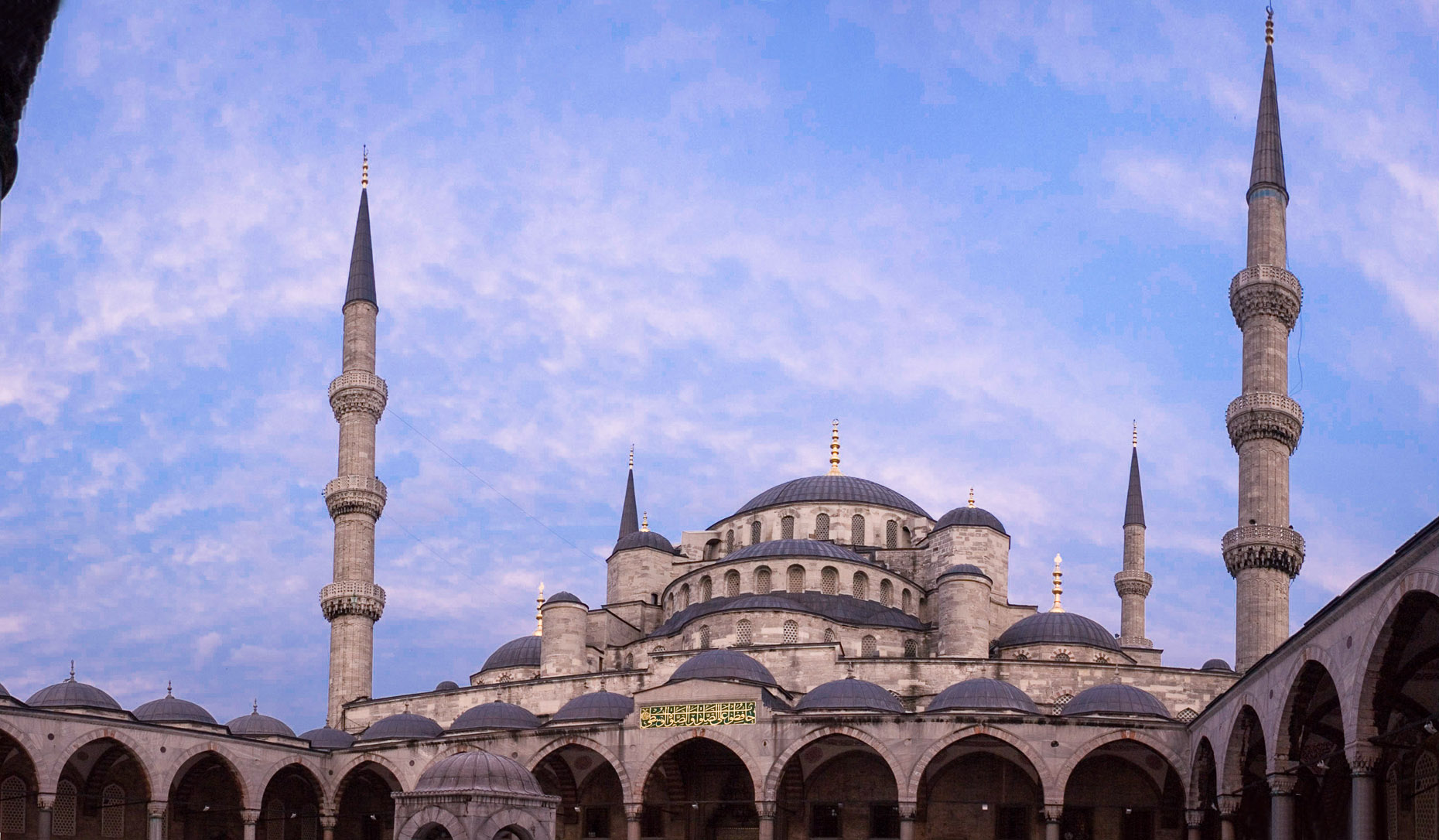 Panoramic of Blue Mosque in Istanbul Turkey at sunset.  