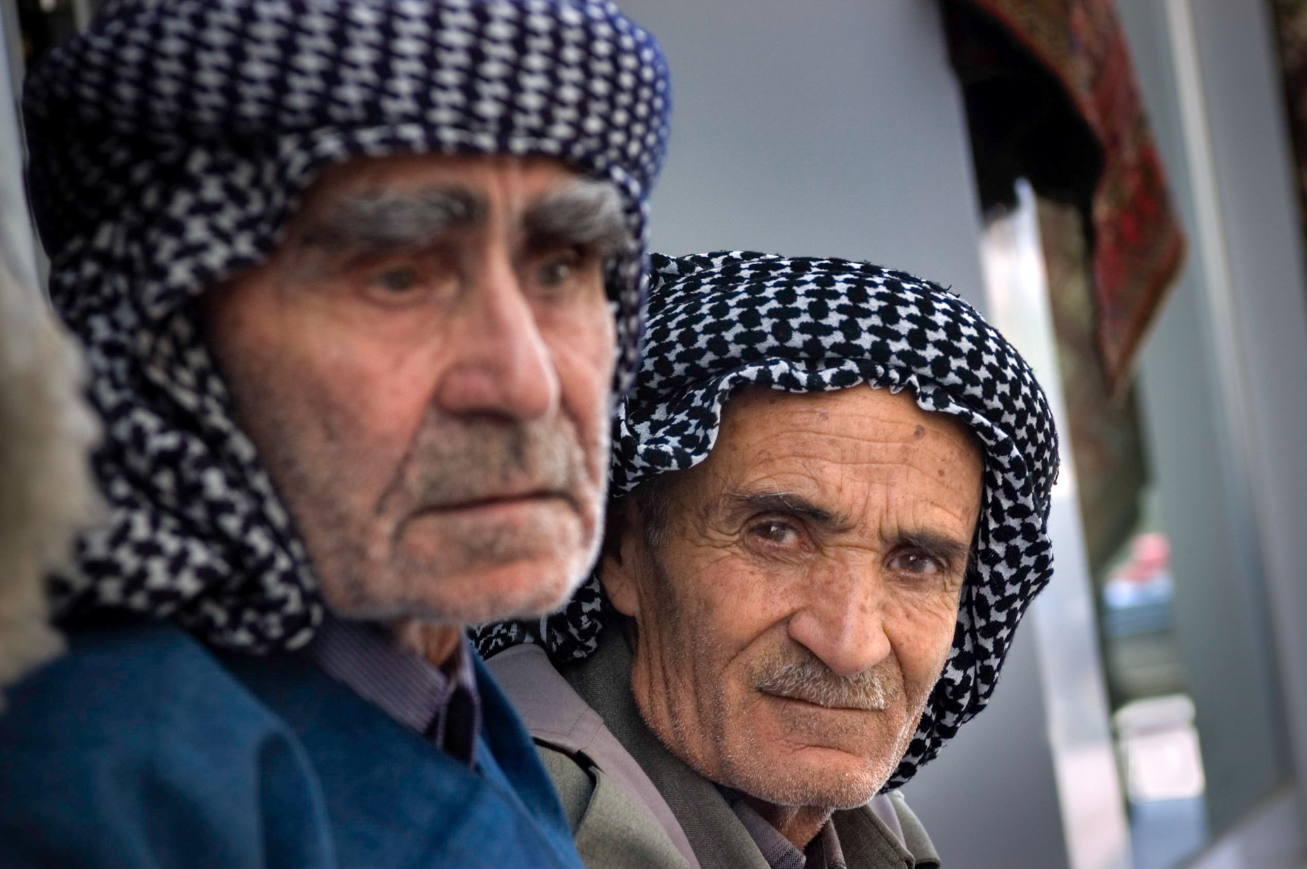 Portrait of old Kurdish village elders with kafiya scarfs. 