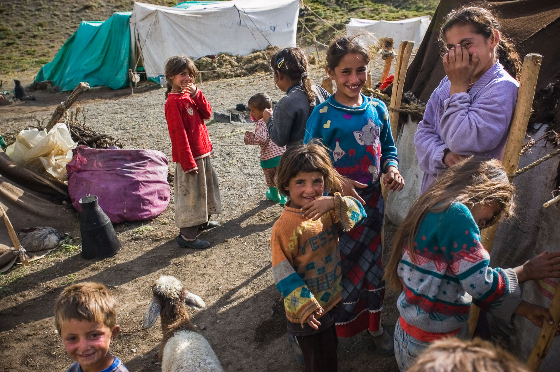 Environmental portrait of nomadic Kurdish village girls near Syrian border,