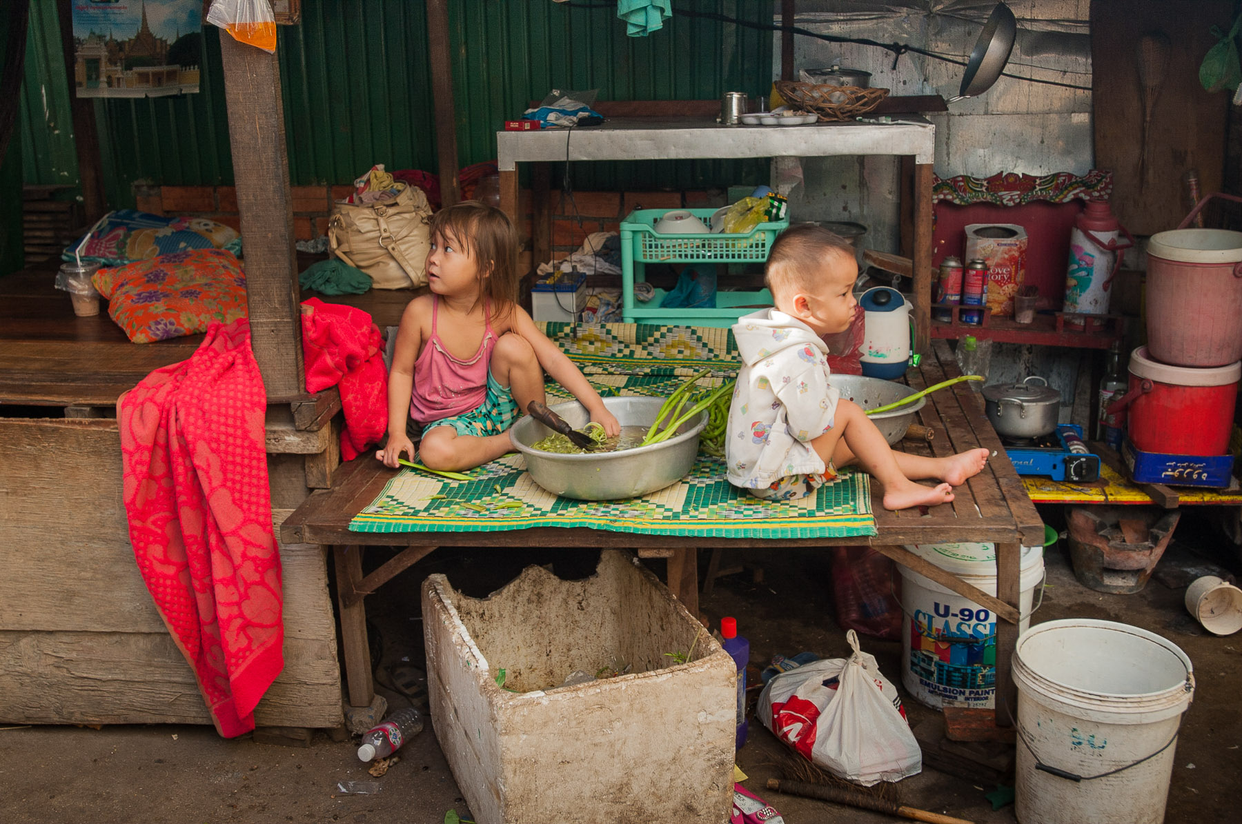 Kids in street market, Phnom Penh Cambodia.